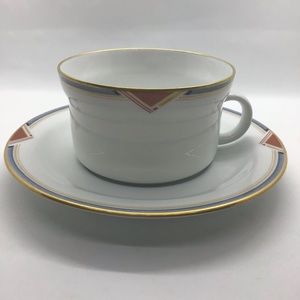 Richard Ginori Orchestra Porcelain Art Deco Flat Cup Saucer with Gold Trim Italy